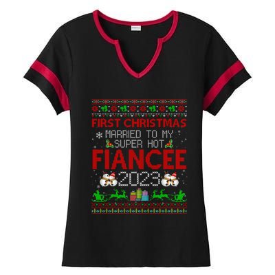 First Christmas Married To My Super Hot Fiancee Ugly Sweater Cute Gift Ladies Halftime Notch Neck Tee