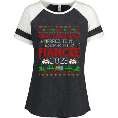 First Christmas Married To My Super Hot Fiancee Ugly Sweater Cute Gift Enza Ladies Jersey Colorblock Tee