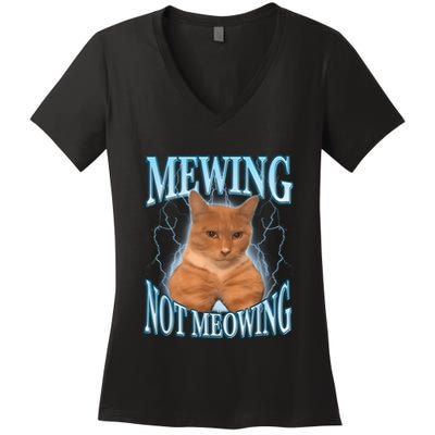 Funny Cat Meme Mewing Looksmax Meowing Cat Trend Women's V-Neck T-Shirt