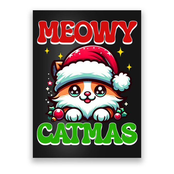 Funny Christmas Meowy Catmas Xmas Tree Santa Cat Kitten Poster