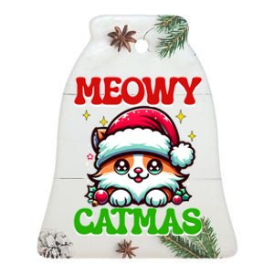 Funny Christmas Meowy Catmas Xmas Tree Santa Cat Kitten Ceramic Bell Ornament