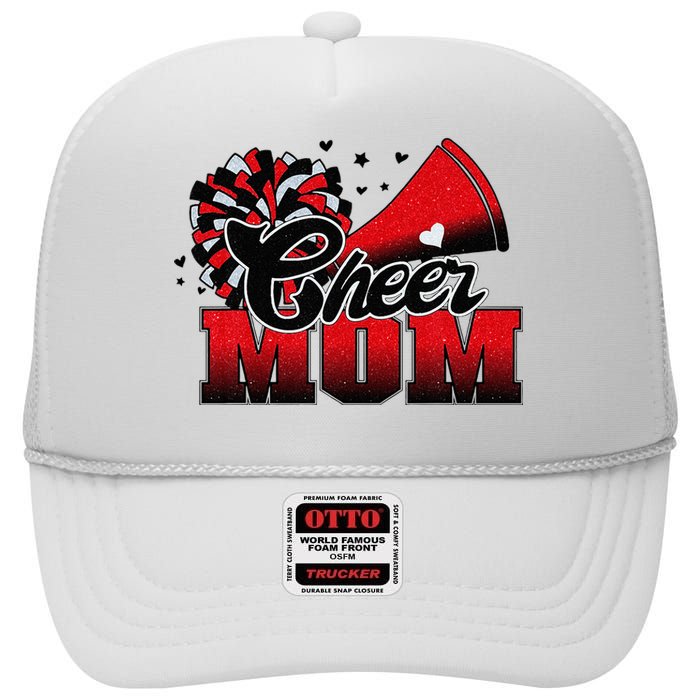 Football Cheer Mom Red Black Pom Leopard High Crown Mesh Back Trucker Hat