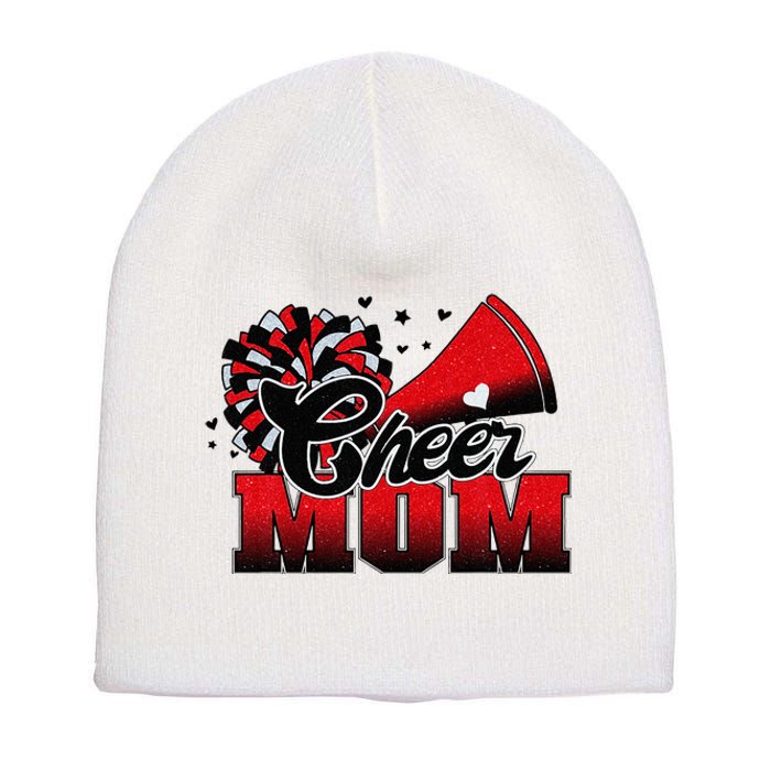 Football Cheer Mom Red Black Pom Leopard Short Acrylic Beanie