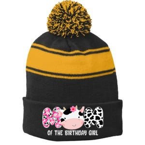 Funny Cow Mom Of The Birthday Girl Cow Farm Birthday Family Stripe Pom Pom Beanie