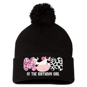 Funny Cow Mom Of The Birthday Girl Cow Farm Birthday Family Pom Pom 12in Knit Beanie