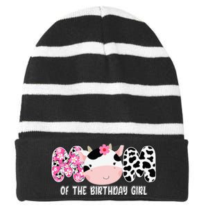 Funny Cow Mom Of The Birthday Girl Cow Farm Birthday Family Striped Beanie with Solid Band