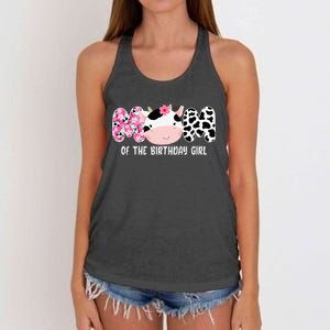 Funny Cow Mom Of The Birthday Girl Cow Farm Birthday Family Women's Knotted Racerback Tank