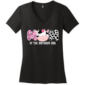 Funny Cow Mom Of The Birthday Girl Cow Farm Birthday Family Women's V-Neck T-Shirt