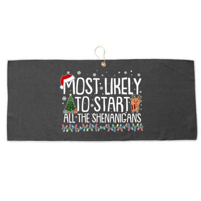 Funny Christmas Most Likely To Start All The Shenanigans Large Microfiber Waffle Golf Towel