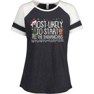 Funny Christmas Most Likely To Start All The Shenanigans Enza Ladies Jersey Colorblock Tee