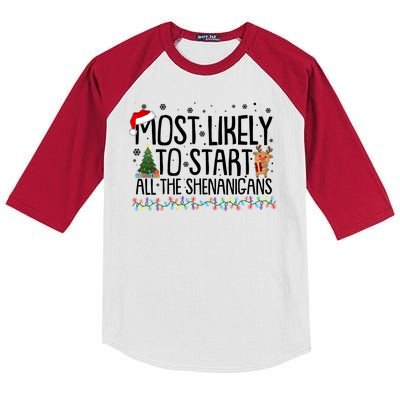 Funny Christmas Most Likely To Start All The Shenanigans Kids Colorblock Raglan Jersey