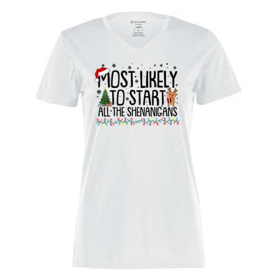 Funny Christmas Most Likely To Start All The Shenanigans Women's Momentum V-Neck T-Shirt