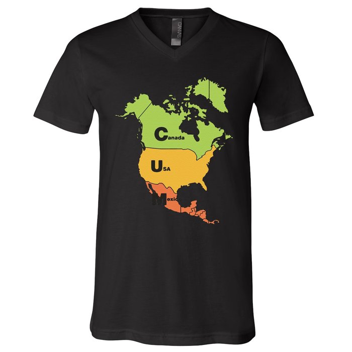 Funny Cum Map Canada Usa And Mexico Gift V-Neck T-Shirt