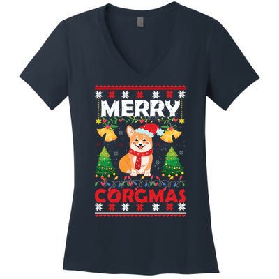 Funny Cute Merry Corgmas Ugly Christmas Sweater Women's V-Neck T-Shirt