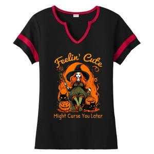 Feeling Cute Might Curse You Later Funny Witch Halloween Cat Ladies Halftime Notch Neck Tee