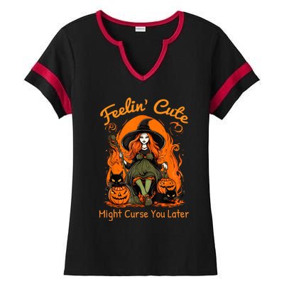 Feeling Cute Might Curse You Later Funny Witch Halloween Cat Ladies Halftime Notch Neck Tee