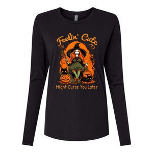 Feeling Cute Might Curse You Later Funny Witch Halloween Cat Womens Cotton Relaxed Long Sleeve T-Shirt