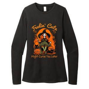 Feeling Cute Might Curse You Later Funny Witch Halloween Cat Womens CVC Long Sleeve Shirt