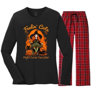 Feeling Cute Might Curse You Later Funny Witch Halloween Cat Women's Long Sleeve Flannel Pajama Set 