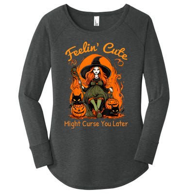 Feeling Cute Might Curse You Later Funny Witch Halloween Cat Women's Perfect Tri Tunic Long Sleeve Shirt