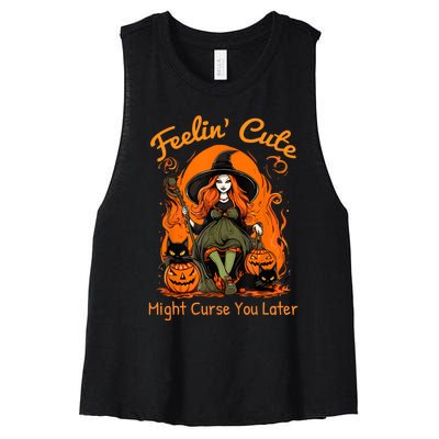 Feeling Cute Might Curse You Later Funny Witch Halloween Cat Women's Racerback Cropped Tank