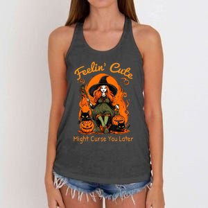 Feeling Cute Might Curse You Later Funny Witch Halloween Cat Women's Knotted Racerback Tank