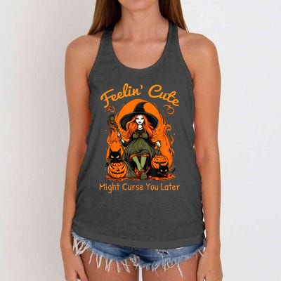 Feeling Cute Might Curse You Later Funny Witch Halloween Cat Women's Knotted Racerback Tank