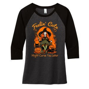 Feeling Cute Might Curse You Later Funny Witch Halloween Cat Women's Tri-Blend 3/4-Sleeve Raglan Shirt