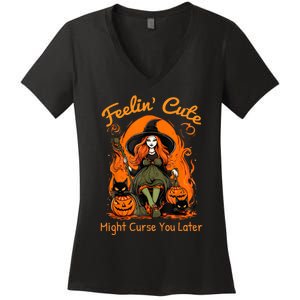 Feeling Cute Might Curse You Later Funny Witch Halloween Cat Women's V-Neck T-Shirt