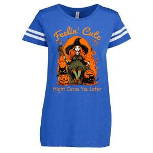 Feeling Cute Might Curse You Later Funny Witch Halloween Cat Enza Ladies Jersey Football T-Shirt