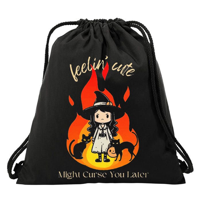 Feeling Cute Might Curse You Later Cute Witch Drawstring Bag