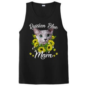 Funny Cat Mom Mothers Day Kitten Sunflower Russian Blue Mom PosiCharge Competitor Tank