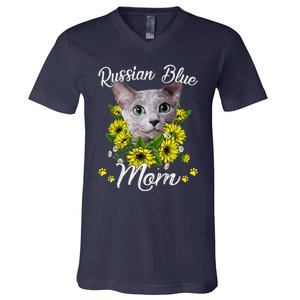 Funny Cat Mom Mothers Day Kitten Sunflower Russian Blue Mom V-Neck T-Shirt