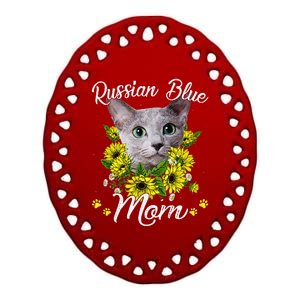 Funny Cat Mom Mothers Day Kitten Sunflower Russian Blue Mom Ceramic Oval Ornament