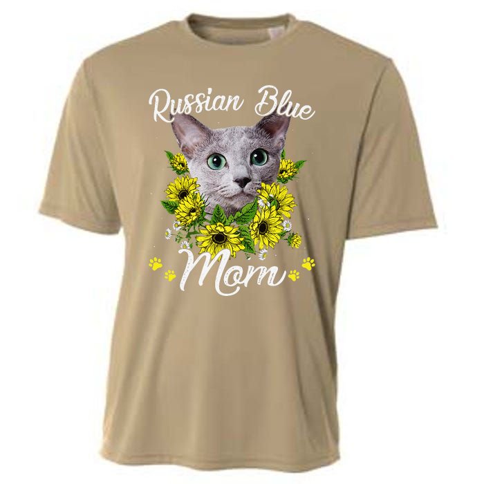 Funny Cat Mom Mothers Day Kitten Sunflower Russian Blue Mom Cooling Performance Crew T-Shirt