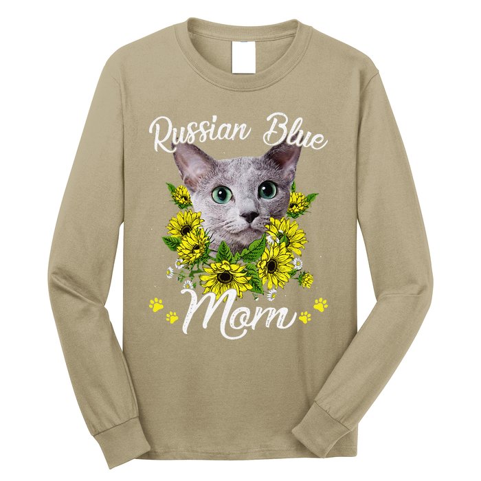 Funny Cat Mom Mothers Day Kitten Sunflower Russian Blue Mom Long Sleeve Shirt