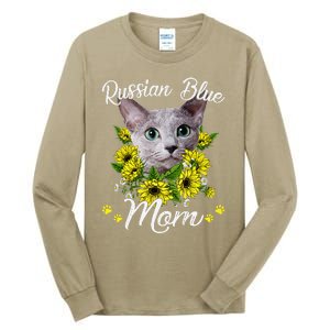 Funny Cat Mom Mothers Day Kitten Sunflower Russian Blue Mom Tall Long Sleeve T-Shirt