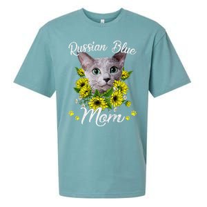 Funny Cat Mom Mothers Day Kitten Sunflower Russian Blue Mom Sueded Cloud Jersey T-Shirt