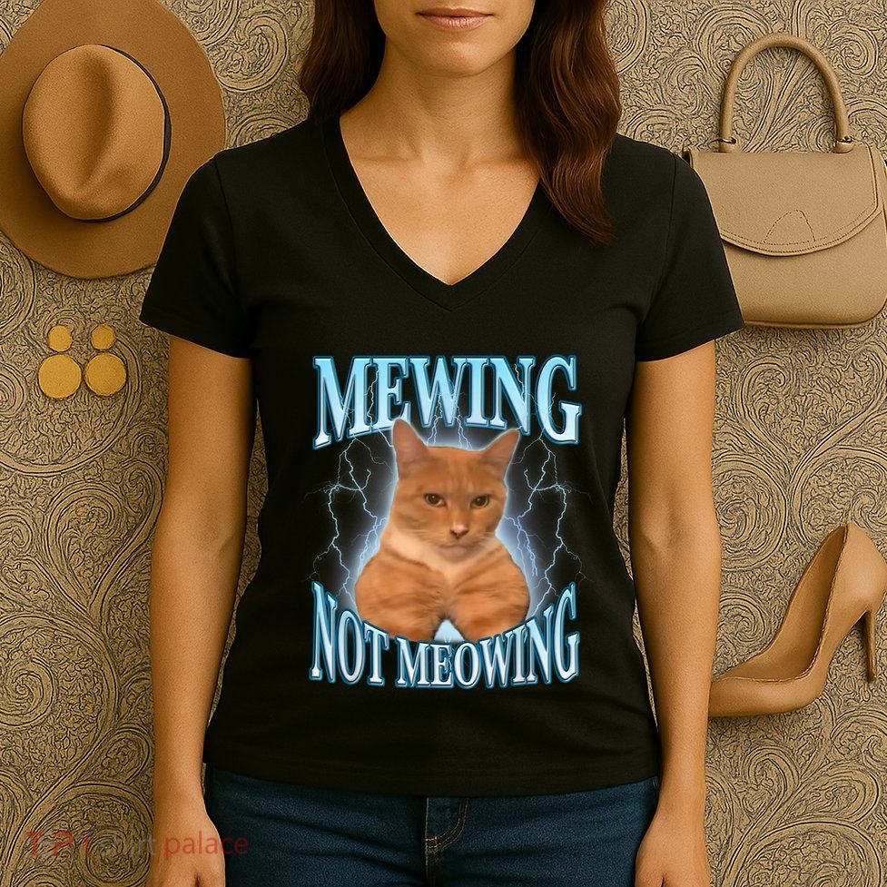 Funny Cat Meme Mewing Looksmax Meowing Cat Trend Women's V-Neck T-Shirt