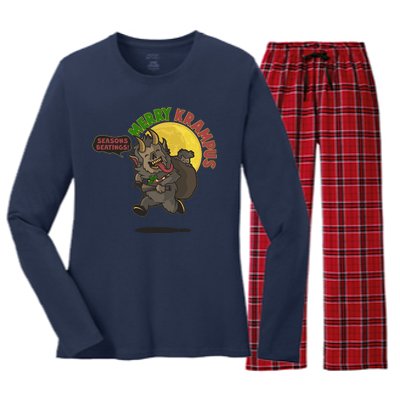 Funny Creepy Merry Krampus Seasons Beatings Women's Long Sleeve Flannel Pajama Set 