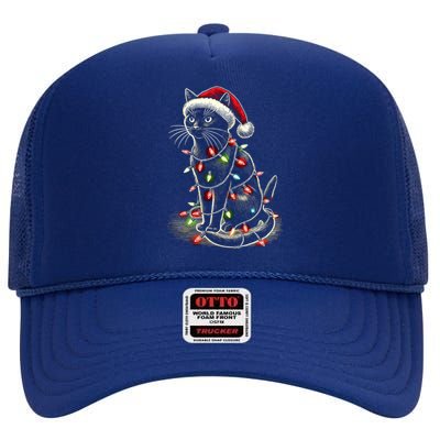 Funny Cat Mom Dad Santa Hat Christmas Tree Lights Cute Gift High Crown Mesh Back Trucker Hat