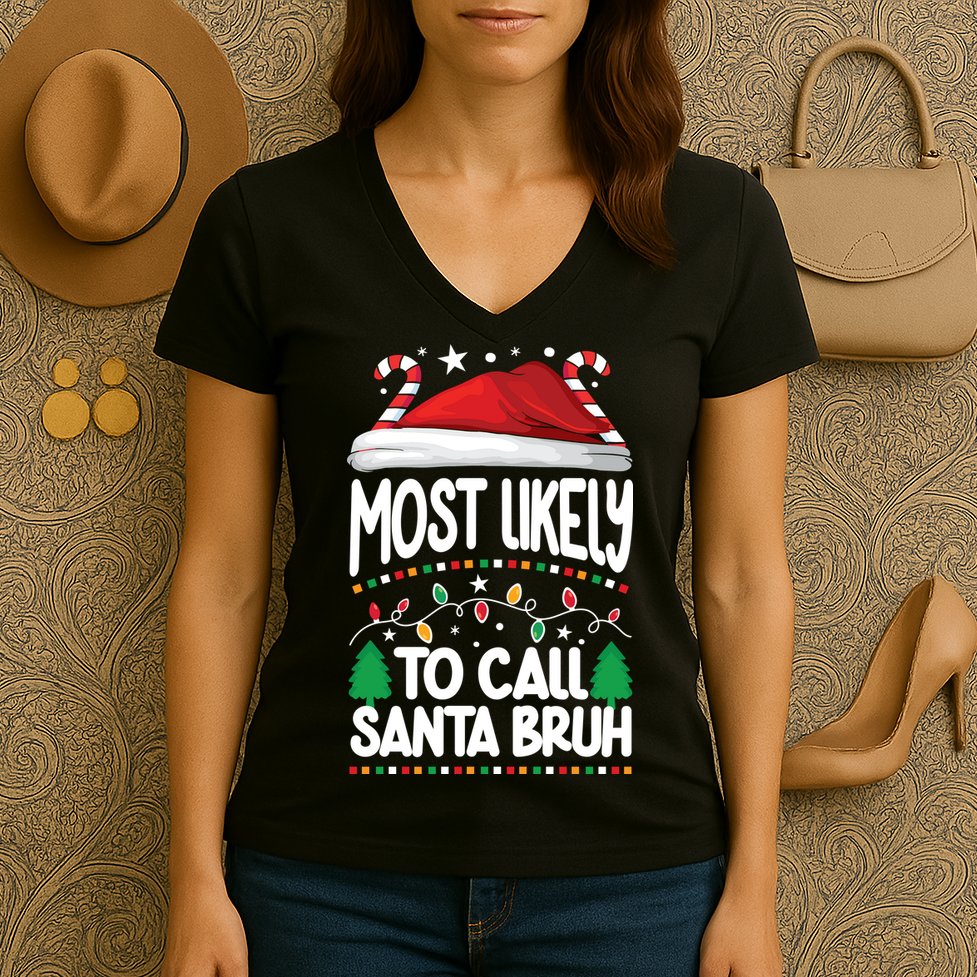 Funny Christmas Most Likely To Call Santa Bruh Women's V-Neck T-Shirt