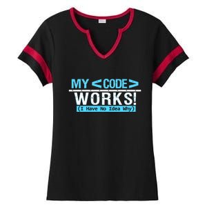 Funny Coder My Code Works I Have No Idea Why Ladies Halftime Notch Neck Tee