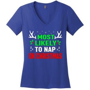 Funny Christmas Most Likely To Nap On Christmas Women's V-Neck T-Shirt