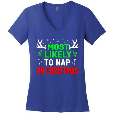 Funny Christmas Most Likely To Nap On Christmas Women's V-Neck T-Shirt