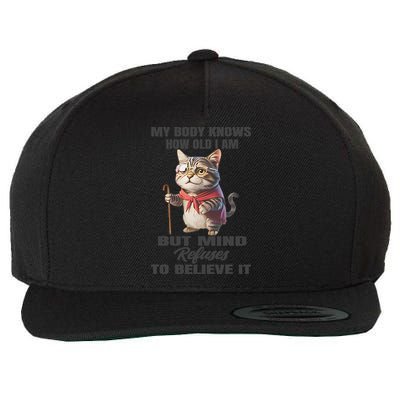Funny Cat My Body Knows How Old I Am But Mind Refuses Wool Snapback Cap