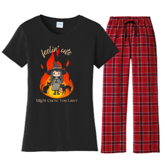 Feeling Cute Might Curse You Later Cute Witch Women's Flannel Pajama Set