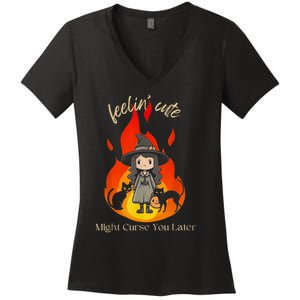 Feeling Cute Might Curse You Later Cute Witch Women's V-Neck T-Shirt