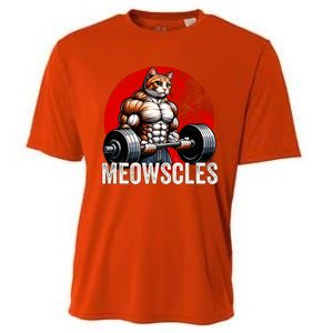 Funny Cat Meowscles Gym Weightlifting Cats Lovers Boy Cooling Performance Crew T-Shirt