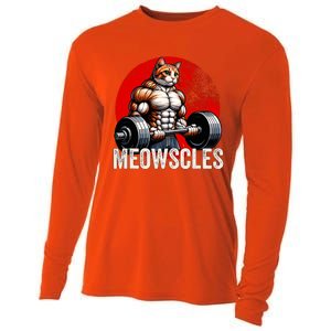 Funny Cat Meowscles Gym Weightlifting Cats Lovers Boy Cooling Performance Long Sleeve Crew